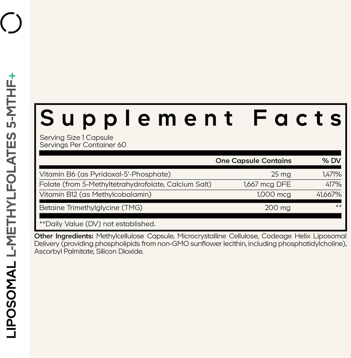 Codeage Liposomal L-Methylfolate 5-MTHF+ - Active Vitamin B9, Methylcobalamin B12, Betaine TMG, B6 - 2-Month Supply Multivitamins - Liposomal Delivery - Bioavailable B-Vitamin Complex - 60 Capsules - görsel 2