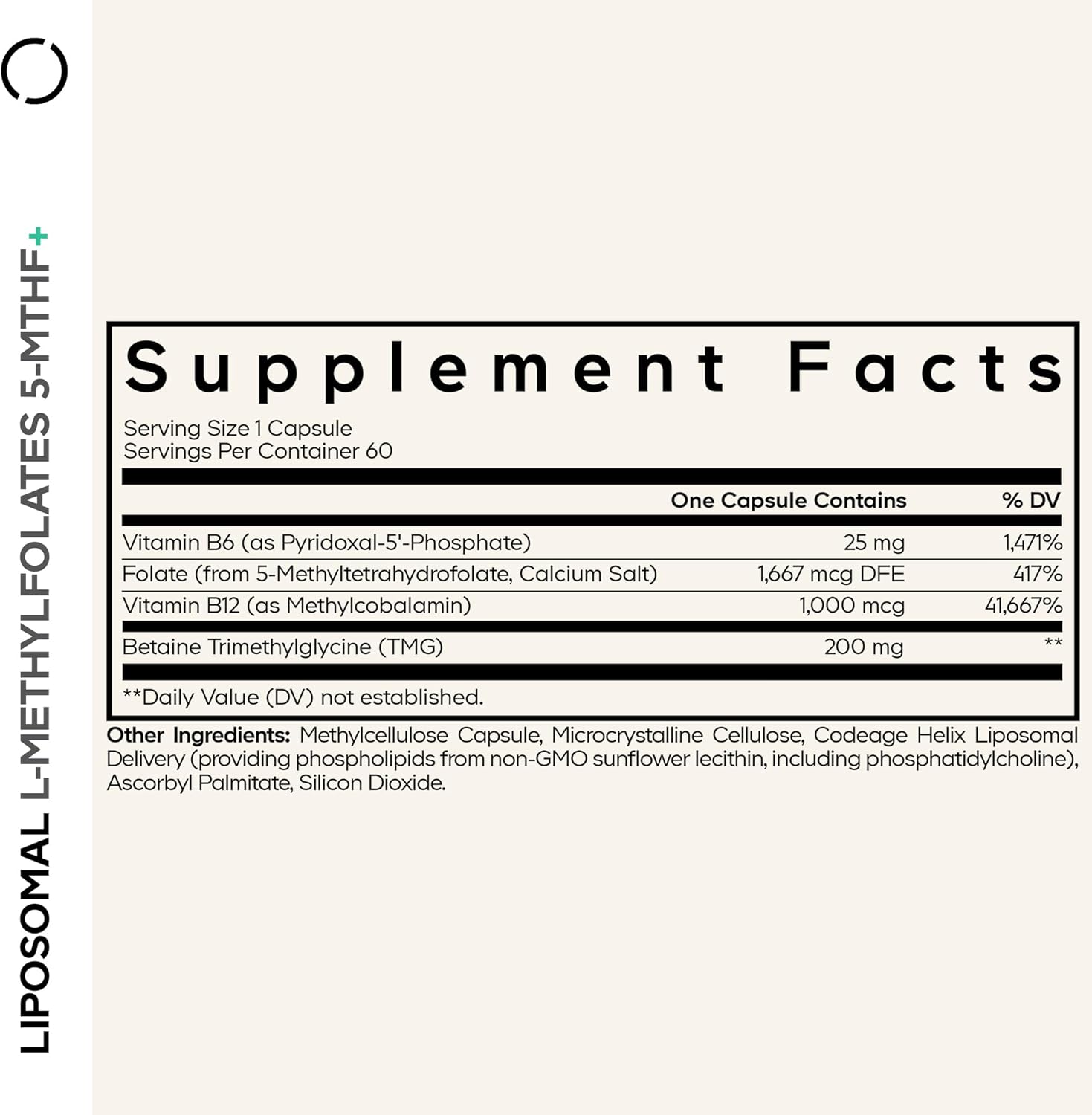 Codeage Liposomal L-Methylfolate 5-MTHF+ - Active Vitamin B9, Methylcobalamin B12, Betaine TMG, B6 - 2-Month Supply Multivitamins - Liposomal Delivery - Bioavailable B-Vitamin Complex - 60 Capsules - görsel 2