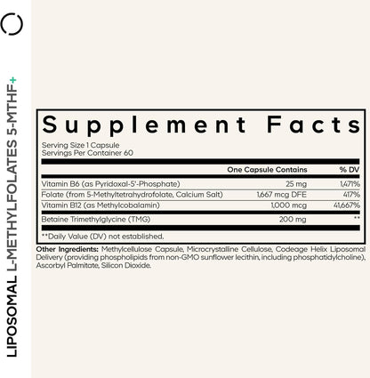 Codeage Liposomal L-Methylfolate 5-MTHF+ - Active Vitamin B9, Methylcobalamin B12, Betaine TMG, B6 - 2-Month Supply Multivitamins - Liposomal Delivery - Bioavailable B-Vitamin Complex - 60 Capsules