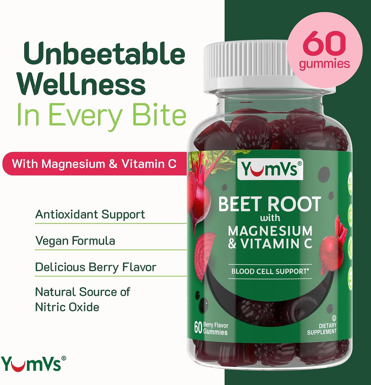 YumVs Beet Root Gummies with Magnesium & Vitamin C – Berry Flavour – Nitric Oxide Support for Heart Health & Antioxidant Wellness – Vegan, Non-GMO – 60 Gummies - görsel 2
