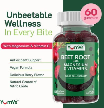 YumVs Beet Root Gummies with Magnesium & Vitamin C – Berry Flavour – Nitric Oxide Support for Heart Health & Antioxidant Wellness – Vegan, Non-GMO – 60 Gummies
