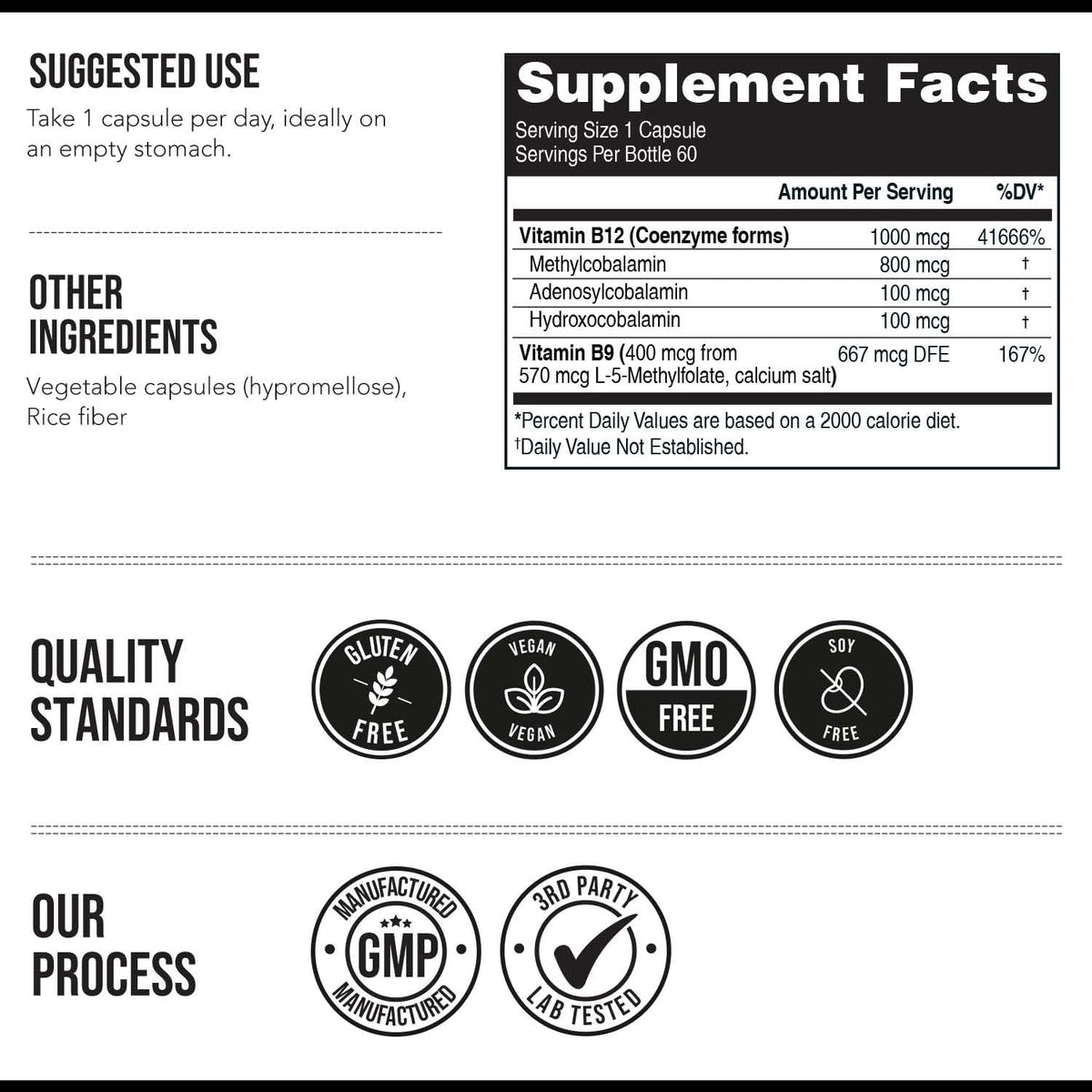 BioActive Vitamin B12 1000 mcg – Full Spectrum with 3 Coenzyme Forms plus Methylfolate – Vegan, Non-GMO (60 Servings) - görsel 7