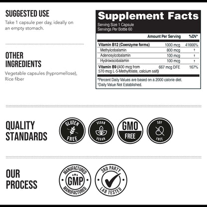 BioActive Vitamin B12 1000 mcg – Full Spectrum with 3 Coenzyme Forms plus Methylfolate – Vegan, Non-GMO (60 Servings)