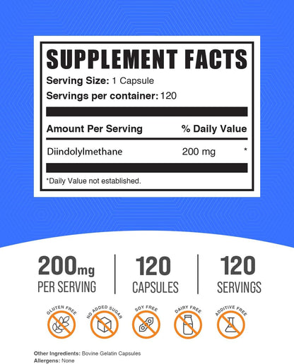 BulkSupplements DIM Capsules - Diindolylmethane Capsules for Men & Women, DIM 200mg, Gluten-free, 1 Capsule per Serving, 120 Count (Pack of 1)