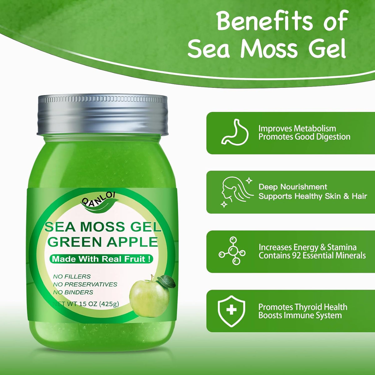 QANLOI Sea Moss Raw Gel – Irish Sea Moss, Green Apple, 15 oz - görsel 2