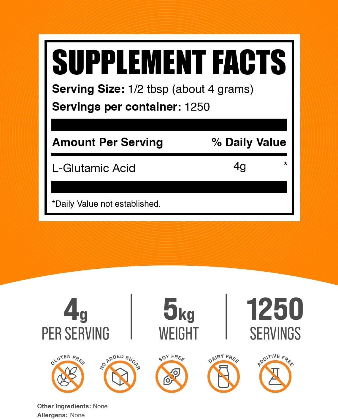 BulkSupplements.com L-Glutamic Acid Powder - Glutamate Supplement, Amino Acid Supplement - Unflavoured & Gluten-free, 4g per Serving, 1kg (Pack of 5) - görsel 2