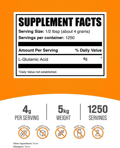 BulkSupplements.com L-Glutamic Acid Powder - Glutamate Supplement, Amino Acid Supplement - Unflavoured & Gluten-free, 4g per Serving, 1kg (Pack of 5)