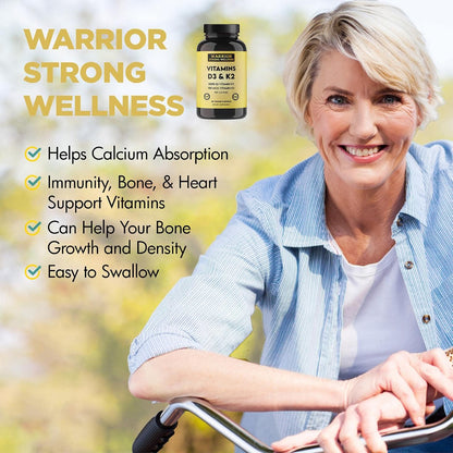 Warrior Strong Wellness Vitamin D3 with K2 - 5000 IU D3 & 180 mcg K2 (MK-7) - Bone Health & Immune Support - 60 Vegetable Capsules