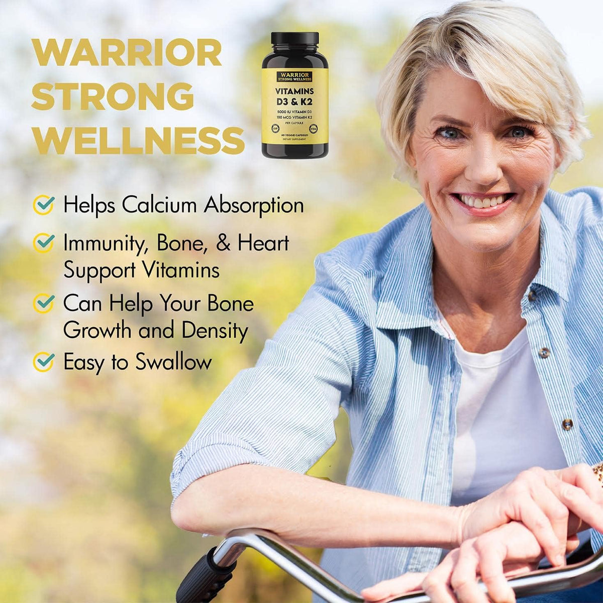 Warrior Strong Wellness Vitamin D3 K2 Supplement - 5000 IU D3, 180 mcg K2 (MK-7) - 60 Vegetarian Capsules - görsel 4