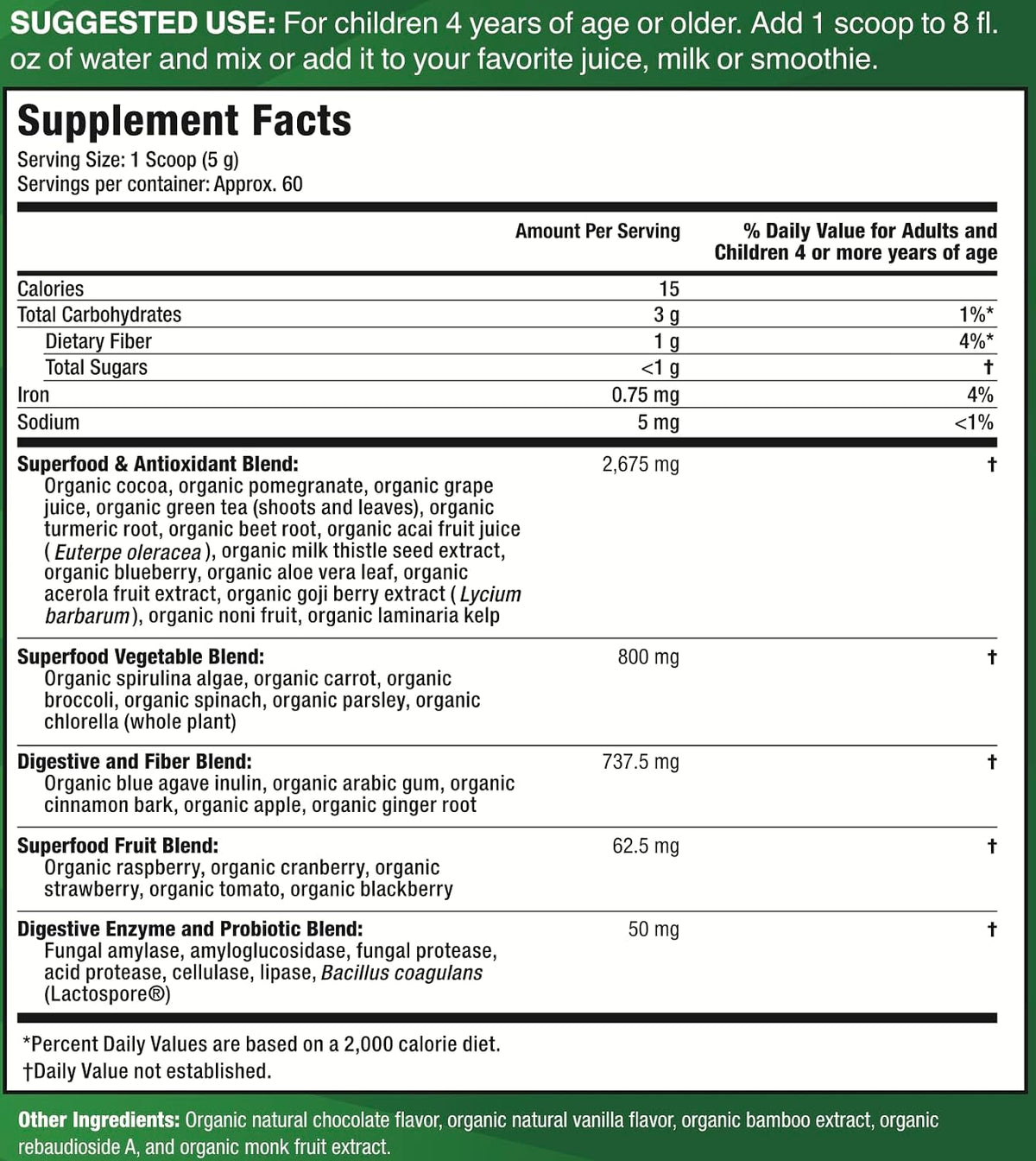 Feel Great USDA Organic Super Greens Powder for Kids – Cocoa Chocolate | Fruit and Vegetable Supplement with Probiotics & Digestive Enzymes - görsel 6