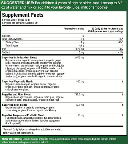 Feel Great USDA Organic Super Greens Powder for Kids – Cocoa Chocolate | Fruit and Vegetable Supplement with Probiotics & Digestive Enzymes