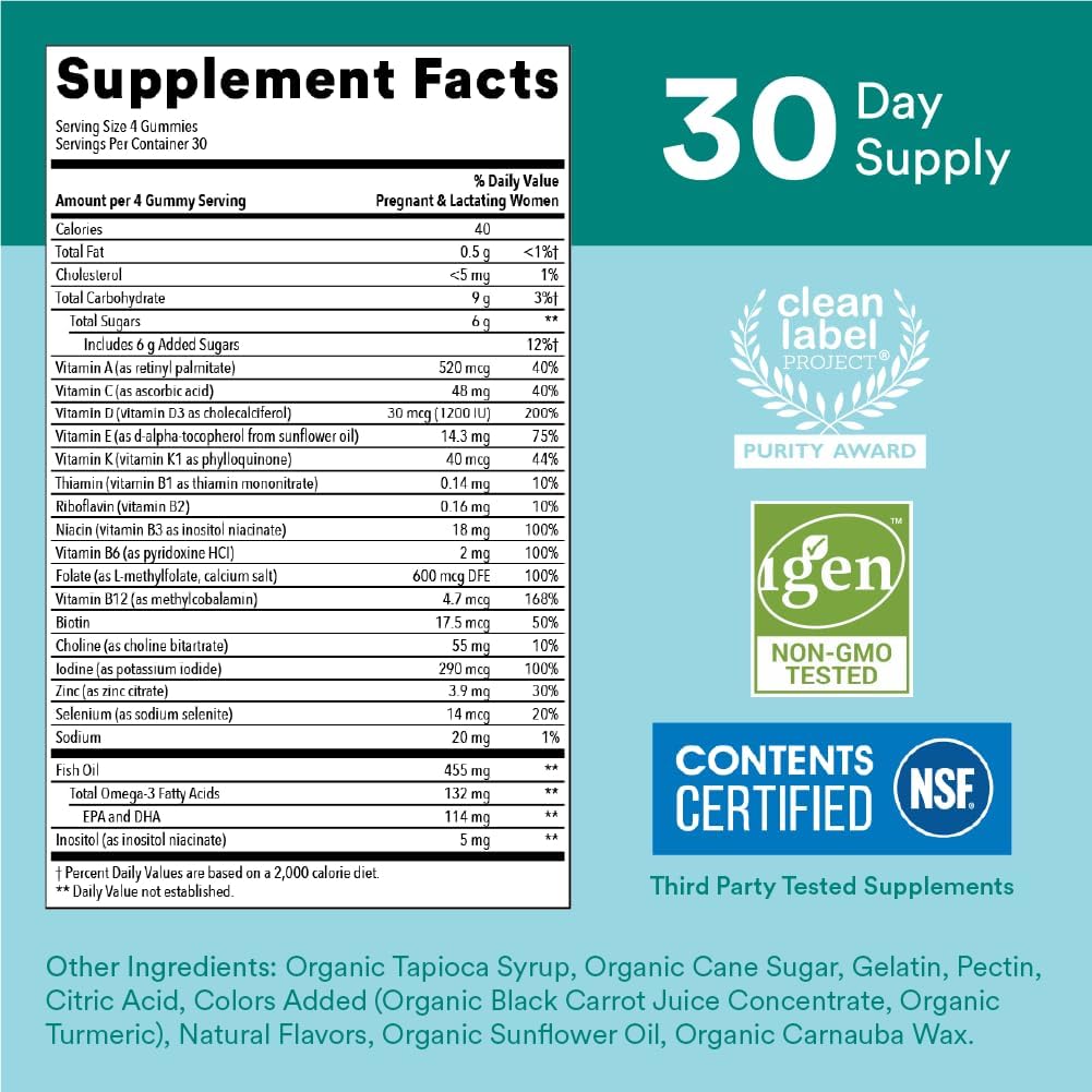 SmartyPants Prenatal Multivitamin Gummies with Omega 3 Fish Oil (EPA/DHA), Methylfolate, Vitamin D3, C, B12, B6, A, K, Biotin, Zinc & Inositol – 120 Count (30 Day Supply) - görsel 4