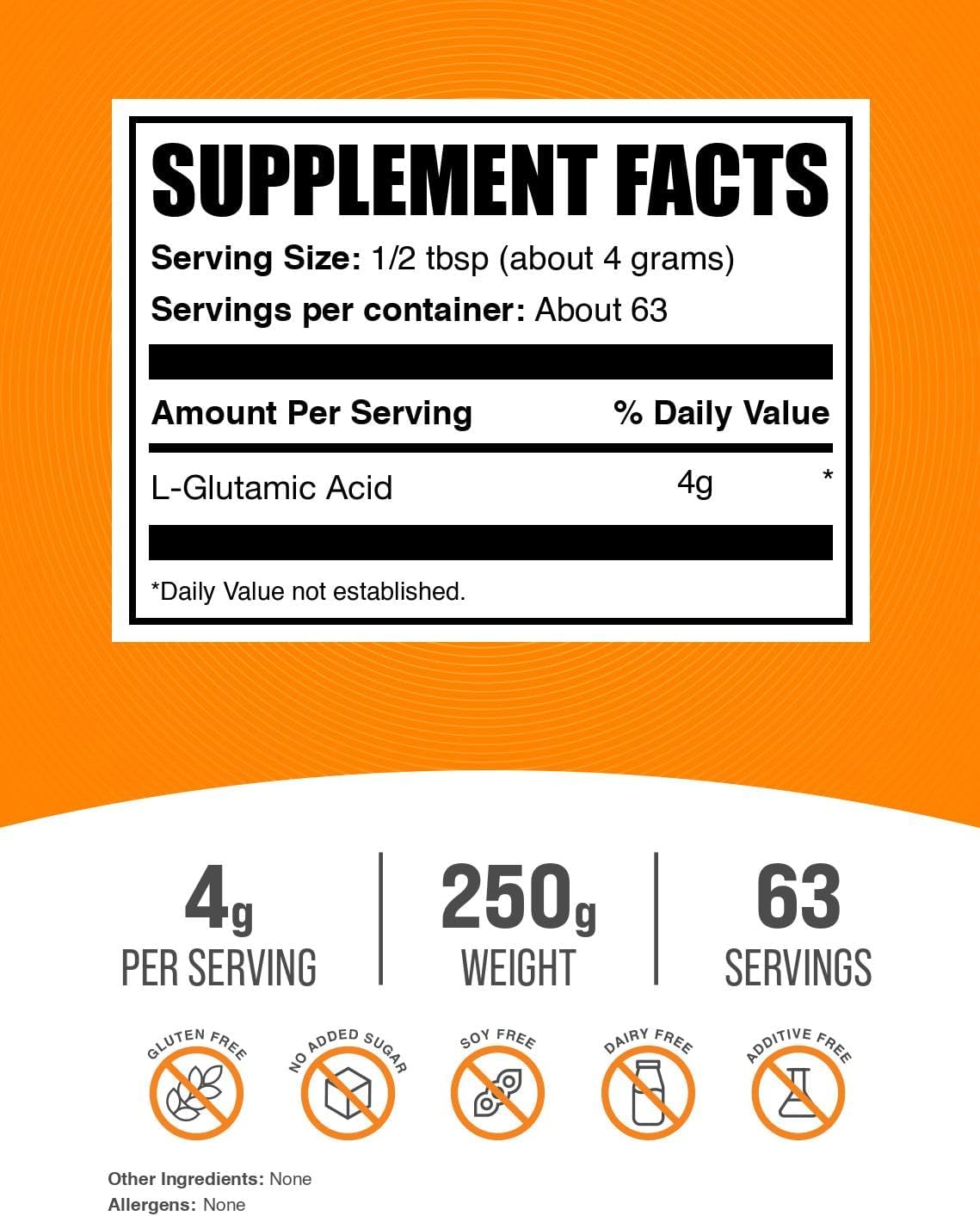 BulkSupplements.com L-Glutamic Acid Powder - Glutamate Supplement, Unflavoured & Gluten-free, 4g per Serving, 250g (8.8 oz) - görsel 2