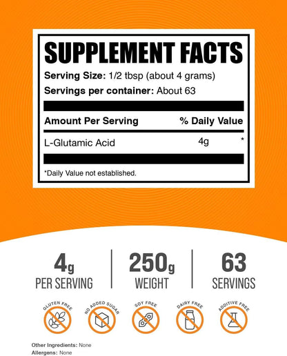 BulkSupplements.com L-Glutamic Acid Powder - Glutamate Supplement, Unflavoured & Gluten-free, 4g per Serving, 250g (8.8 oz)