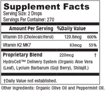 Herbal Nutrition Vitamin D3 + K2 Liquid Drops, 5000 IU D3 with K2 MK-7, 270 Servings
