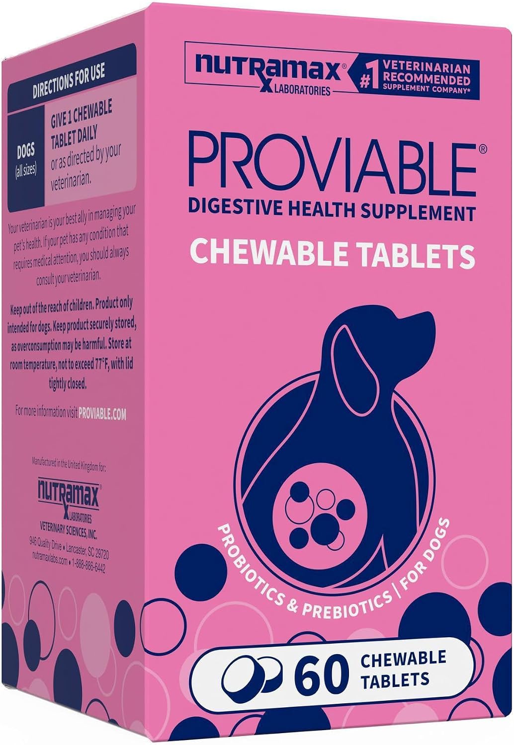 Nutramax Proviable Probiotics for Dogs - Daily Digestive Health Supplement with Prebiotics, 60 Chewable Tablets - görsel 1