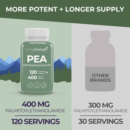 LongLifeNutri Palmitoylethanolamide (PEA) 400mg – 120 Vegetarian Capsules, Organic Supplement for Occasional Discomfort Support, 4-Month Supply, Laboratory Tested, Manufactured in USA