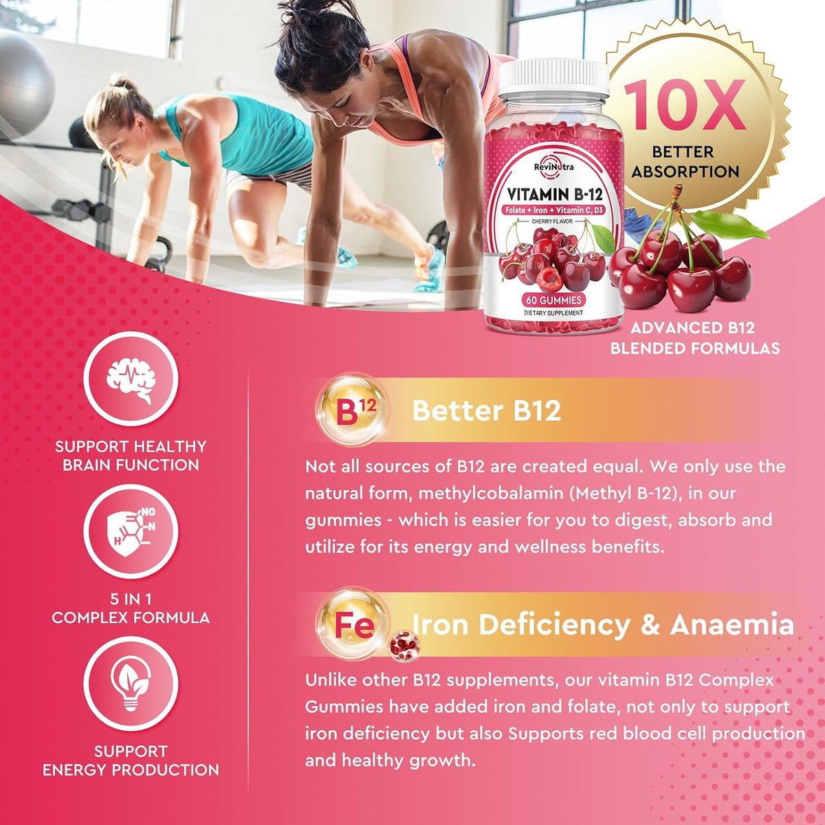 Vitamin B12 Gummies - 5000 mcg Methylcobalamin Complex with Iron, Vitamin C, D3 & Folate - Energy & Immunity Support - Vegan, Cherry Flavour - 60 Gummies - görsel 4