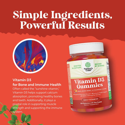 Natures Craft Vitamin D3 Gummies for Daily Wellness – 50 µg (2000 IU) per Serving – Immune & Bone Support – Non-GMO, Gluten-free – 120 Count