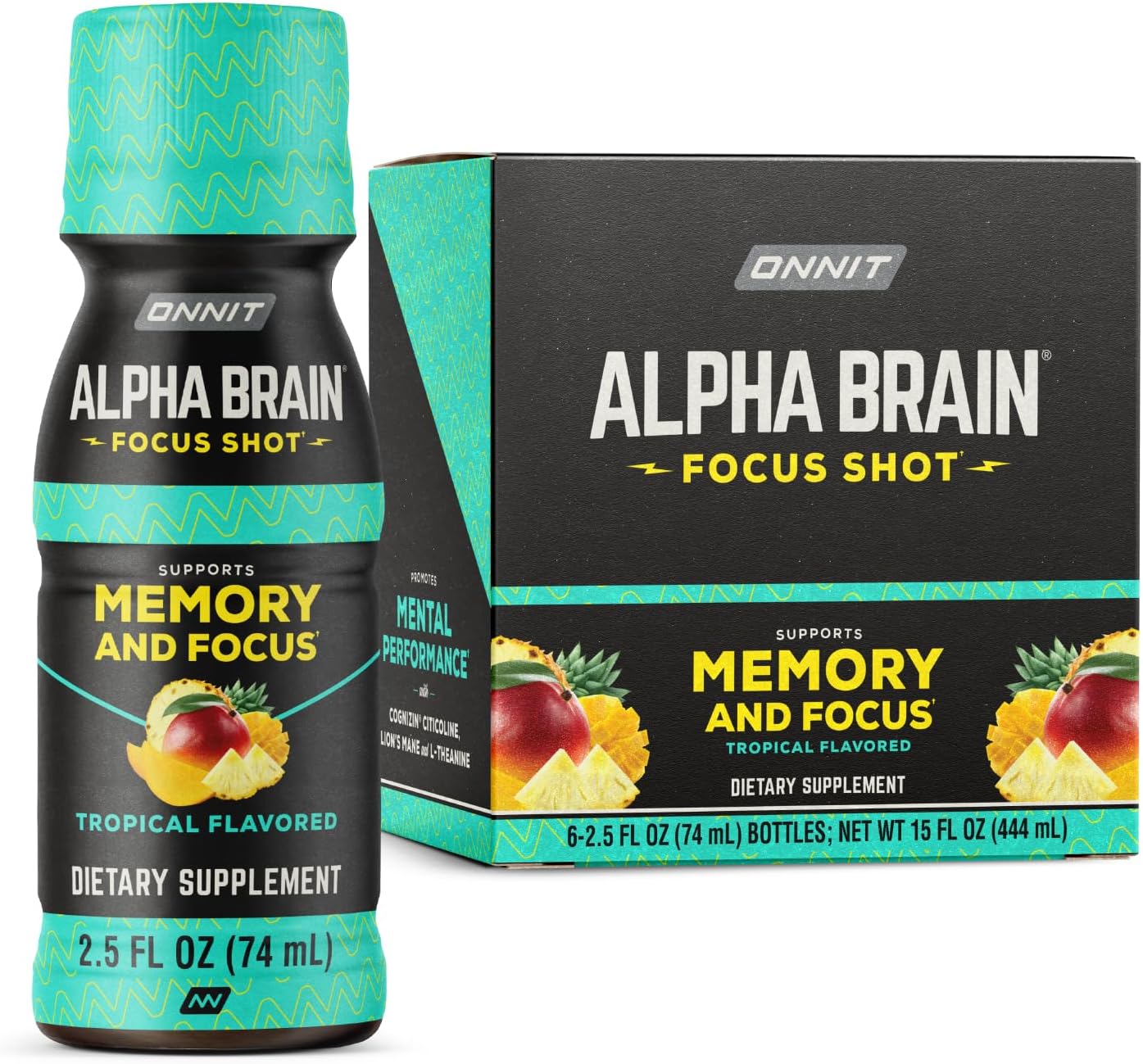 ONNIT Alpha Brain Focus Shot, Tropical Flavour - Nootropic Dietary Supplement Drink, 75 ml, 6 Count - görsel 1