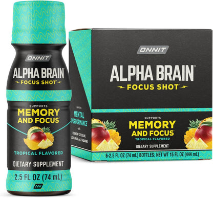 ONNIT Alpha Brain Focus Shot, Tropical Flavour - Nootropic Dietary Supplement Drink, 75 ml, 6 Count