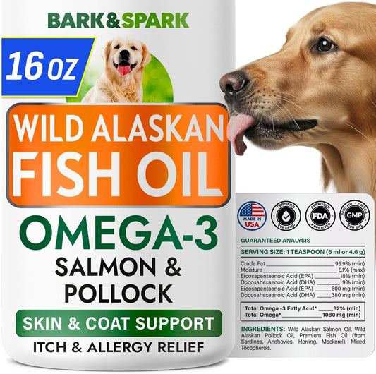 BARK&SPARK Omega-3 Fish Oil for Dogs - Wild Alaskan Salmon & Pollock Oil Liquid Supplement