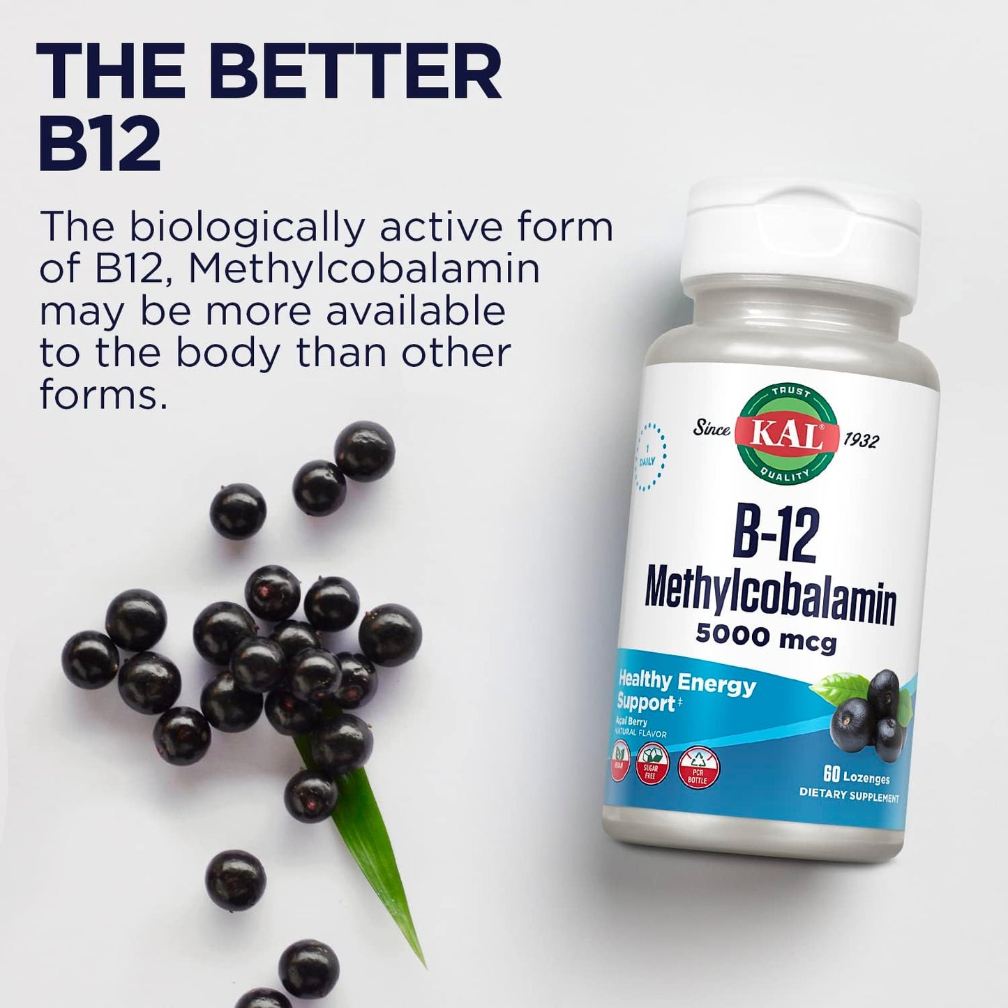 KAL Vitamin B-12 Methylcobalamin Lozenges, 5000 mcg, Natural Acai Flavour, 60 Lozenges - görsel 6