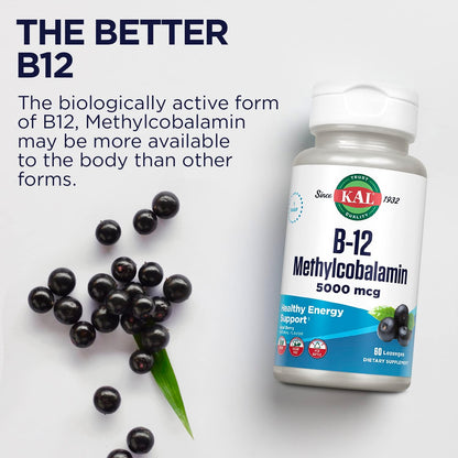 KAL Vitamin B-12 Methylcobalamin Lozenges, 5000 mcg, Natural Acai Flavour, 60 Lozenges