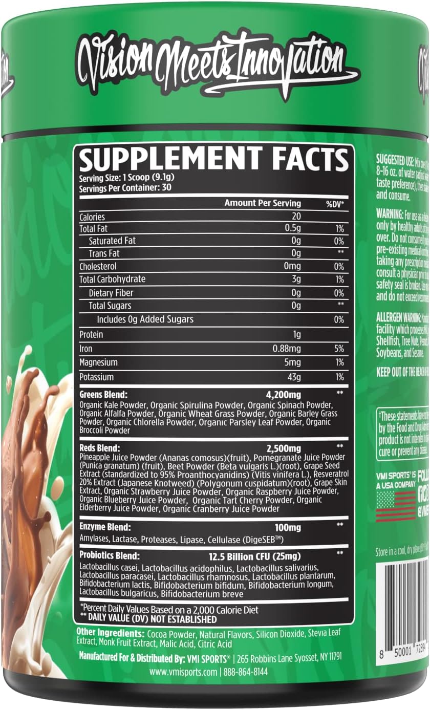 VMI Sports Greens + Reds Advanced Superfood for Immune Support and Digestive Health | Enzymes & Probiotics | 30 Servings (Chocolate) - görsel 5