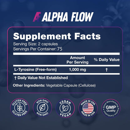 Alpha Flow L-Tyrosine 1000mg Capsules – 2 Pack (300 Vegan Capsules)