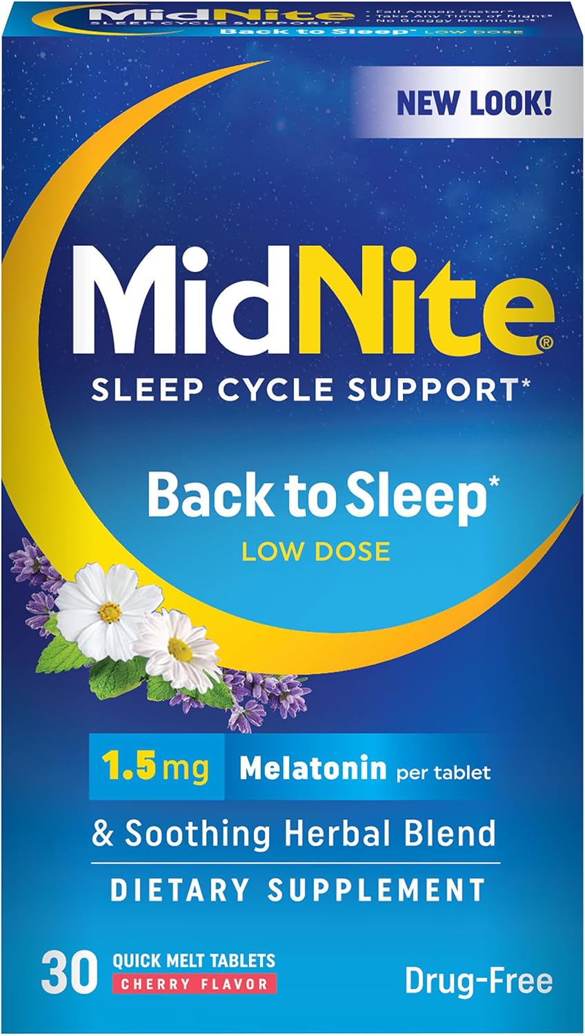 MidNite Back to Sleep Low Dose Melatonin Sleep Aid – 1.5 mg Quick Dissolve Tablets, 30 Tablets - görsel 1