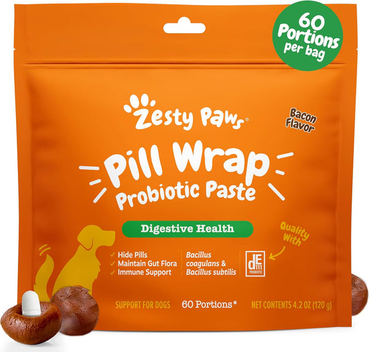 Zesty Paws Pill Wrap Probiotic Paste for Dogs – Bacon Flavour – with DE111 Bacillus subtilis – Immune & Digestive Support – 120 g (60 Portions)