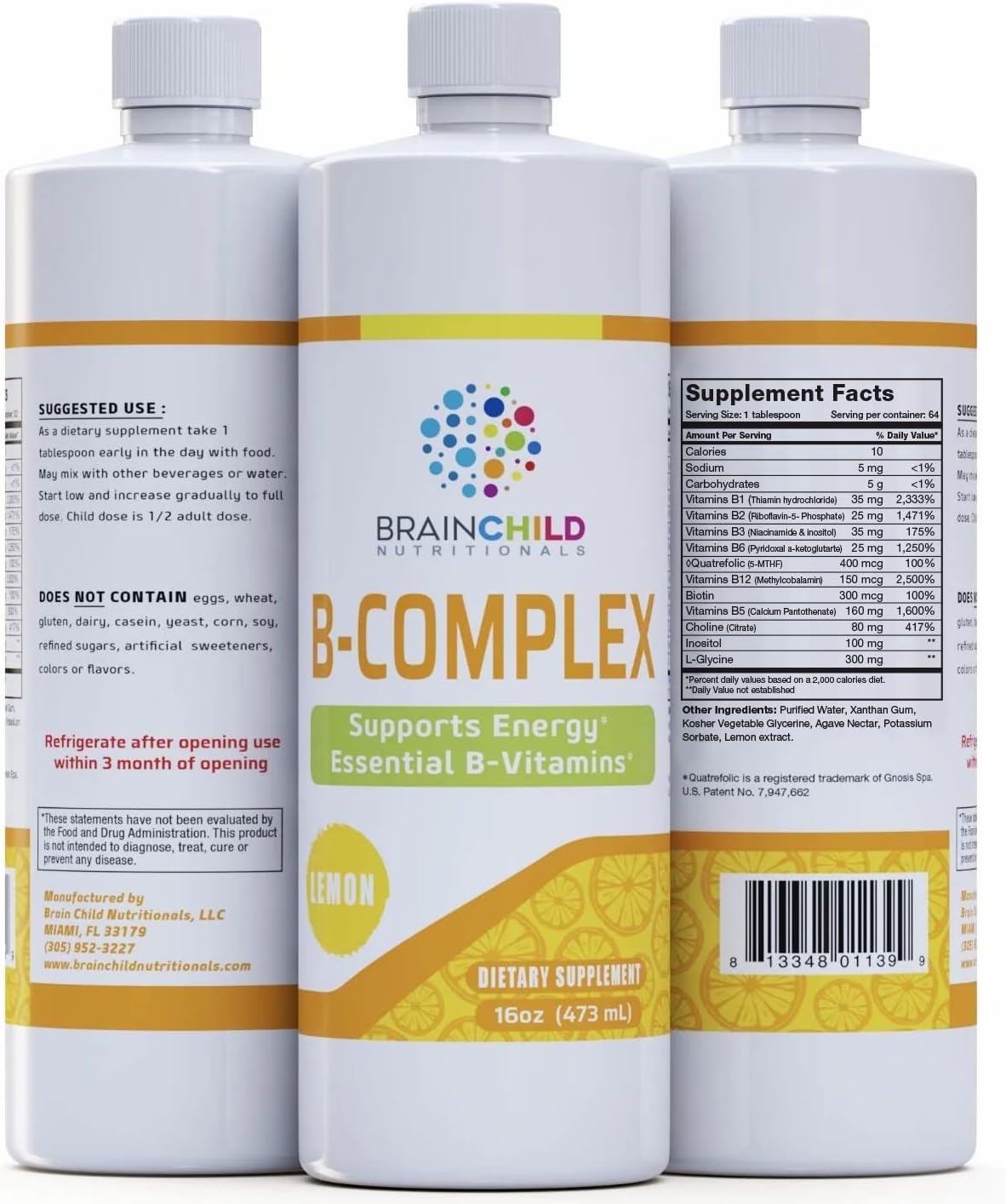 BrainChild B-Complex Liquid – Methylated B Vitamins for Energy, Stress & Mood – 473 ml (Lemon) - görsel 1