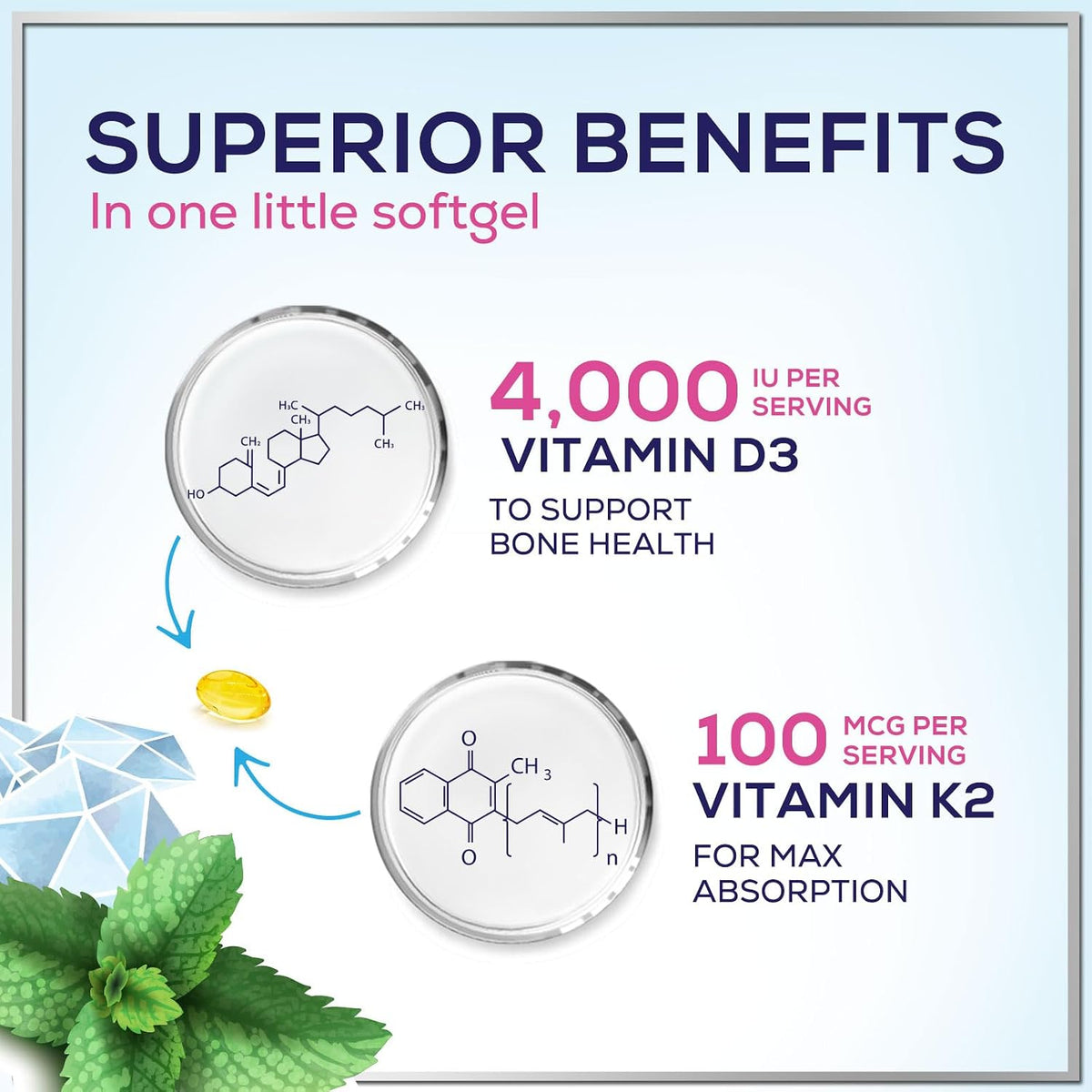 Vitamin D3 with K2 (MK-7) - 4000 IU D3 + 100 mcg K2 per Serving - 120 Soft gel capsules - görsel 7