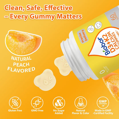 Biobor Vitamin D3 K2 Gummies with Calcium, 2000 IU D3 & 200 mcg K2 (MK-7) & 200 mg Calcium, No Added Sugar, Yellow Peach, 60 Count