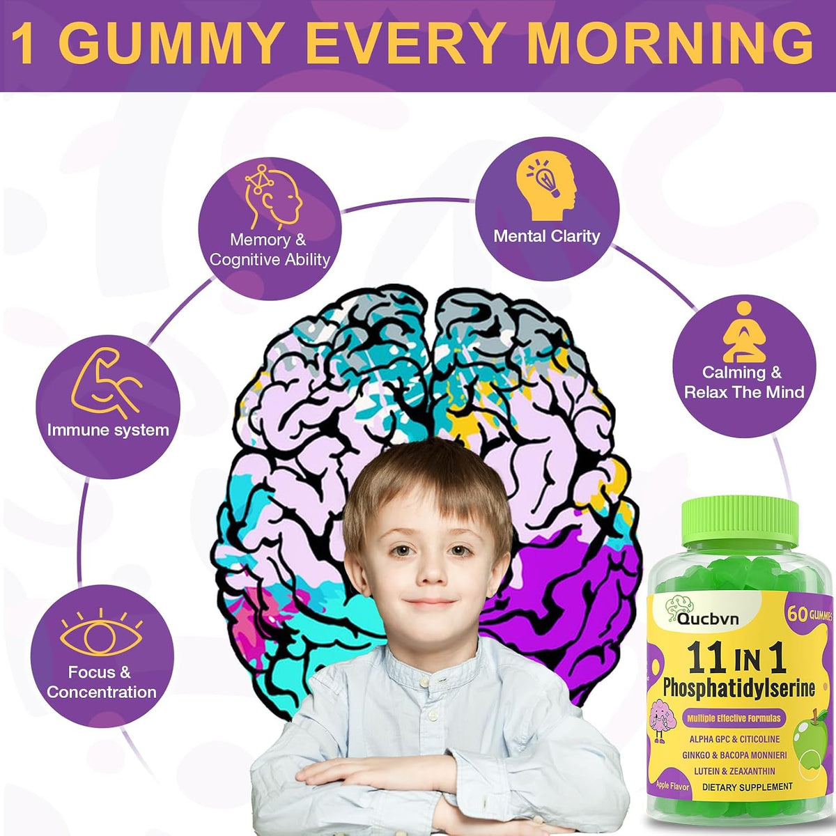 Qucbvn Phosphatidylserine Gummies - Brain Supplement for Memory, Focus and Concentration with Alpha GPC, B6 & B12 - 120 Gummies - görsel 3
