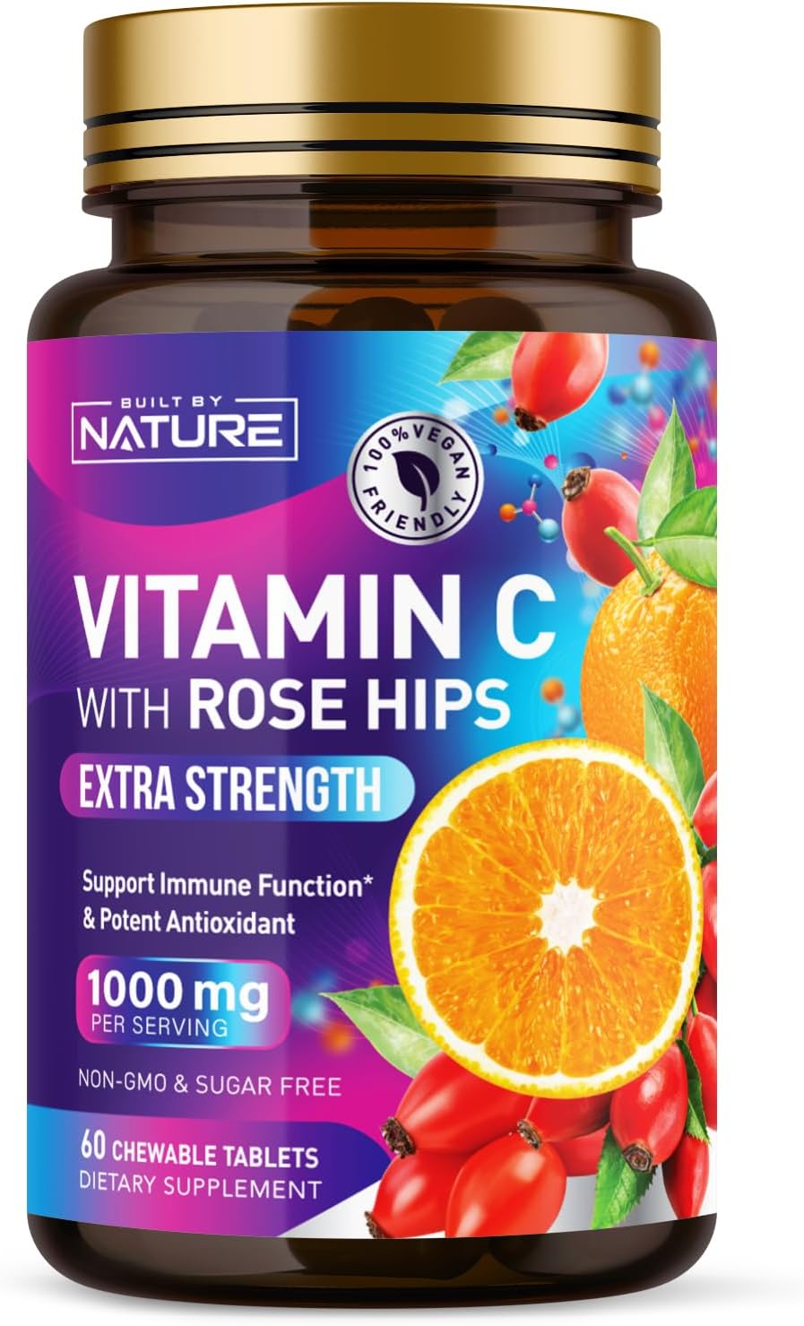 Built by Nature Chewable Vitamin C with Rose Hips – 1000mg Immune Support – Orange Flavour – 60 Tablets - görsel 1