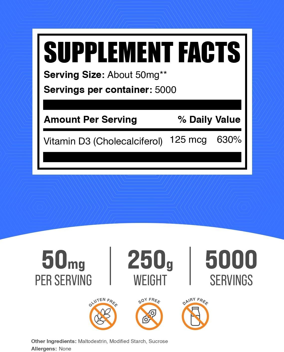 BulkSupplements.com Vitamin D3 Powder - Cholecalciferol, 5000 IU per Serving, Gluten-free, 250g (8.8 oz) - görsel 2