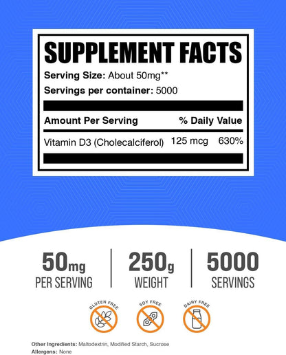 BulkSupplements.com Vitamin D3 Powder - Cholecalciferol, 5000 IU per Serving, Gluten-free, 250g (8.8 oz)