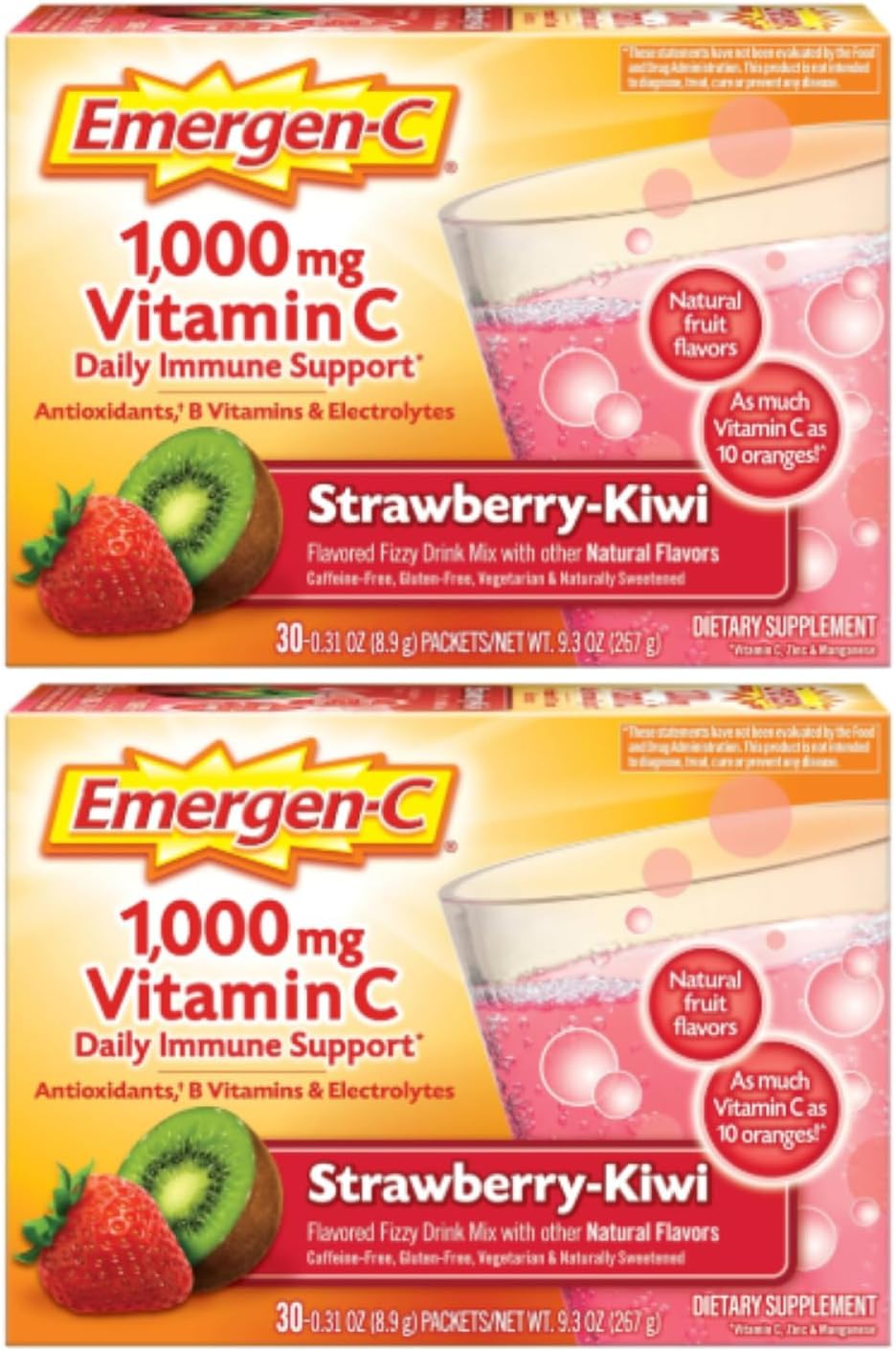 Emergen-C 1000mg Vitamin C Powder, Strawberry Kiwi Flavour, Antioxidants, B Vitamins and Electrolytes, 30 Sachets (Pack of 2) - görsel 1