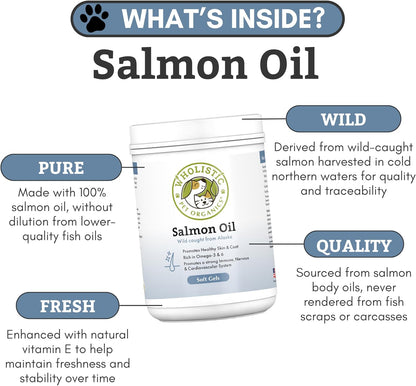 Wholistic Pet Organics Wild Alaskan Salmon Oil for Dogs - Omega 3 Dog Fish Oil with EPA and DHA for Skin, Coat, Heart and Nervous System Health (500 Capsules)