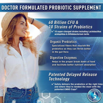 Purely Optimal Probiotics for Digestive Health, 60 Billion CFU – Delayed-Release with Digestive Enzymes & Organic Prebiotics, 30 Capsules