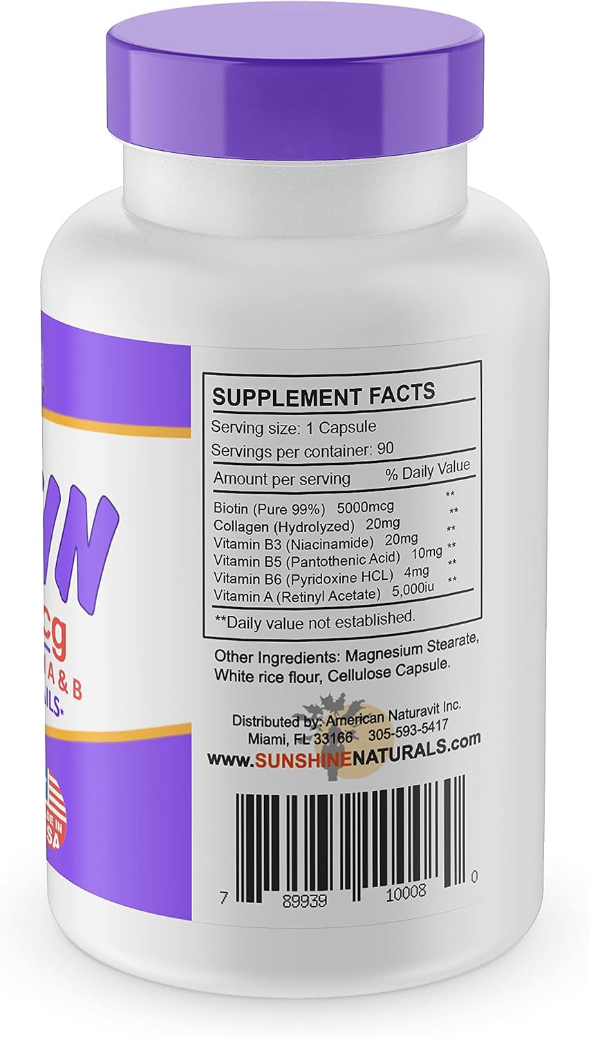 Sunshine Naturals Biotin 5000 mcg Food Supplement – with Collagen, Vitamin A & B – 90 Capsules - görsel 4