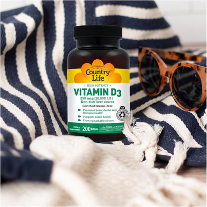 Country Life Vitamin D3 10,000 IU – High Potency Non-Fish Source – Bone and Immune Support – Certified Gluten-Free – 200 Softgels