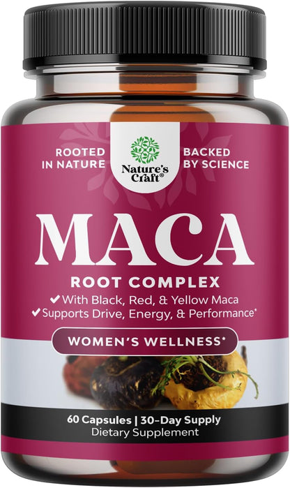 Maca Root Capsules for Women - Potent Herbal Supplement with Female Enhancing Blend of Red Yellow & Black Maca Root - Non-GMO Certified Vegan and Gluten-Free with No Artificial Colours - 60 Count