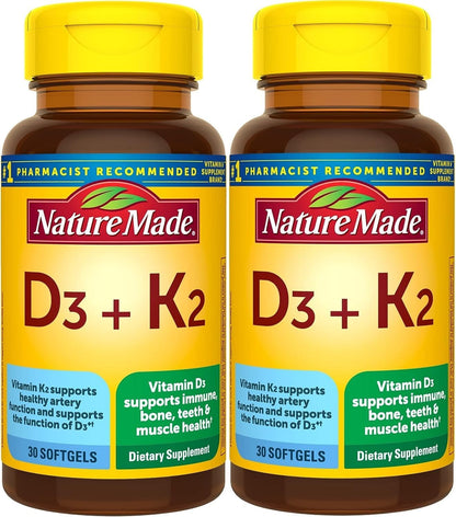 Nature Made Vitamin D3 & K2 Supplement, 5000 IU (125 mcg) Vitamin D for Bone, Muscle and Immune Support, 30 Softgels