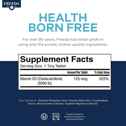 FREEDA Vitamin D3 5000 IU – Pure High Strength Kosher Supplement Tablets – For Bone and Muscle Health, Calcium Absorption, Immune Function – 250 Tablets