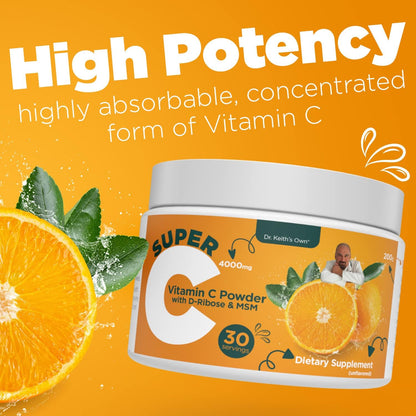 Dr. Keith's Own Super C - High-dose Powdered Vitamin C 4000mg with D-Ribose, Glycine, MSM - Unflavoured, 200 Grammes (30 Servings)
