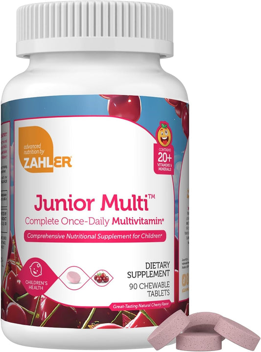 Zahler Junior Multi - Children's Complete Multivitamin - 23 Vitamins and Minerals - Kosher, Non-GMO, Gluten-Free - Cherry Flavour, 90 Chewable Tablets
