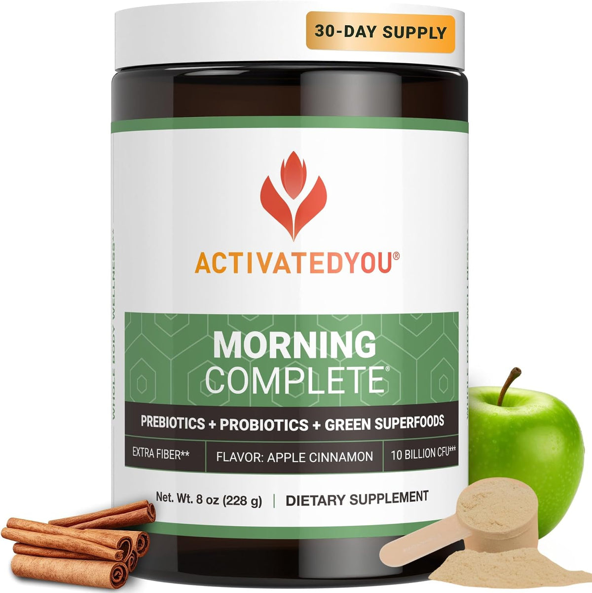 ACTIVATEDYOU Morning Complete Daily Wellness Greens Superfood Drink Mix – Apple Cinnamon, 30 Servings – Image 1